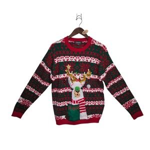 33 Degrees Mens Llama Ugly Christmas Sweater Red Green Fair Isle Size M